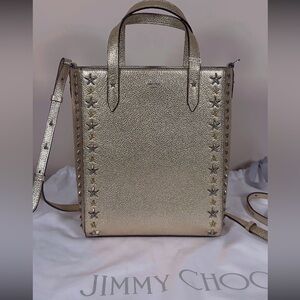 Jimmy Choo Pegasi metallic light gold star studded tote
